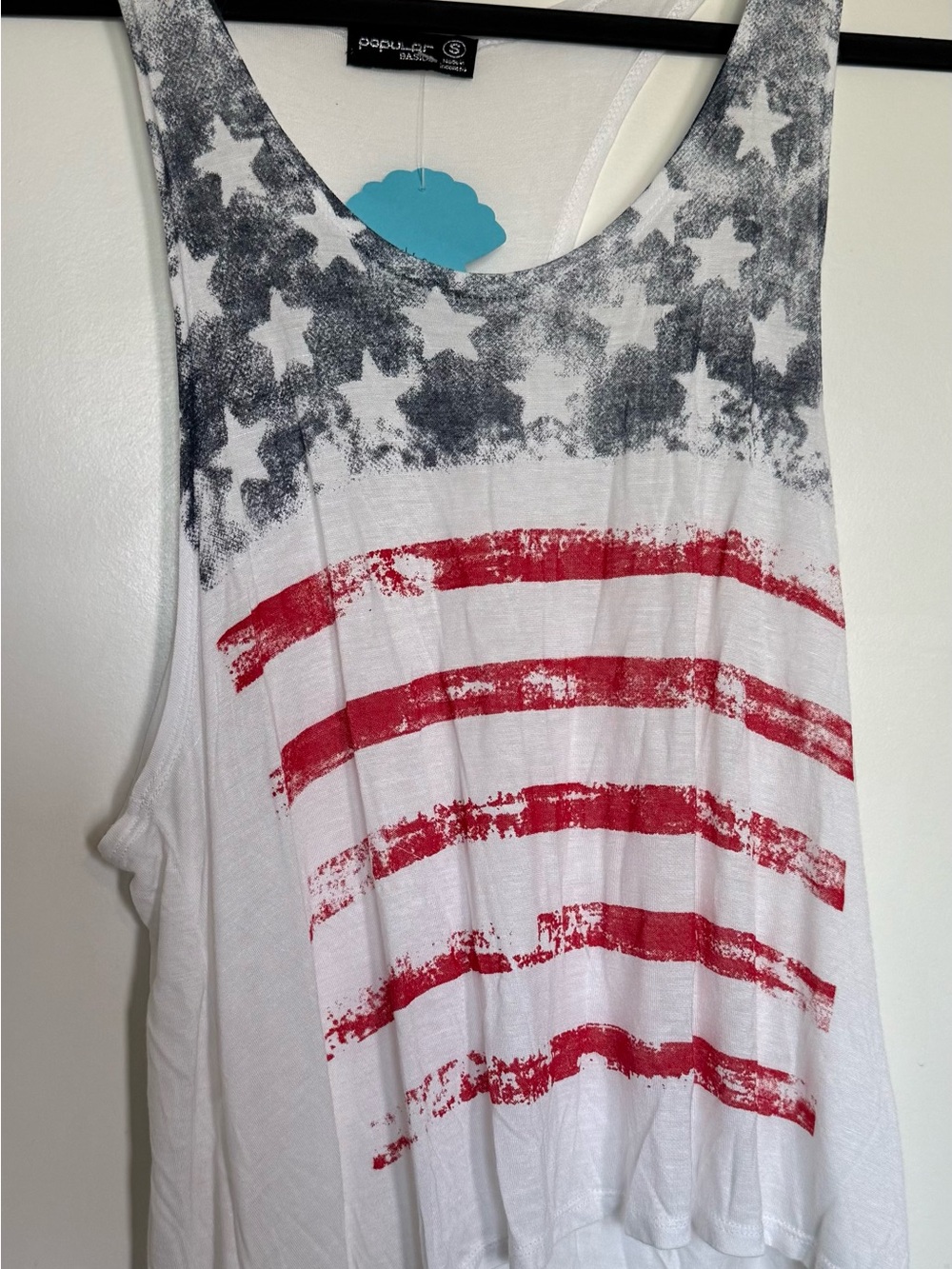 Popular Basics White Tank Top with Red Stripes and Gray Stars